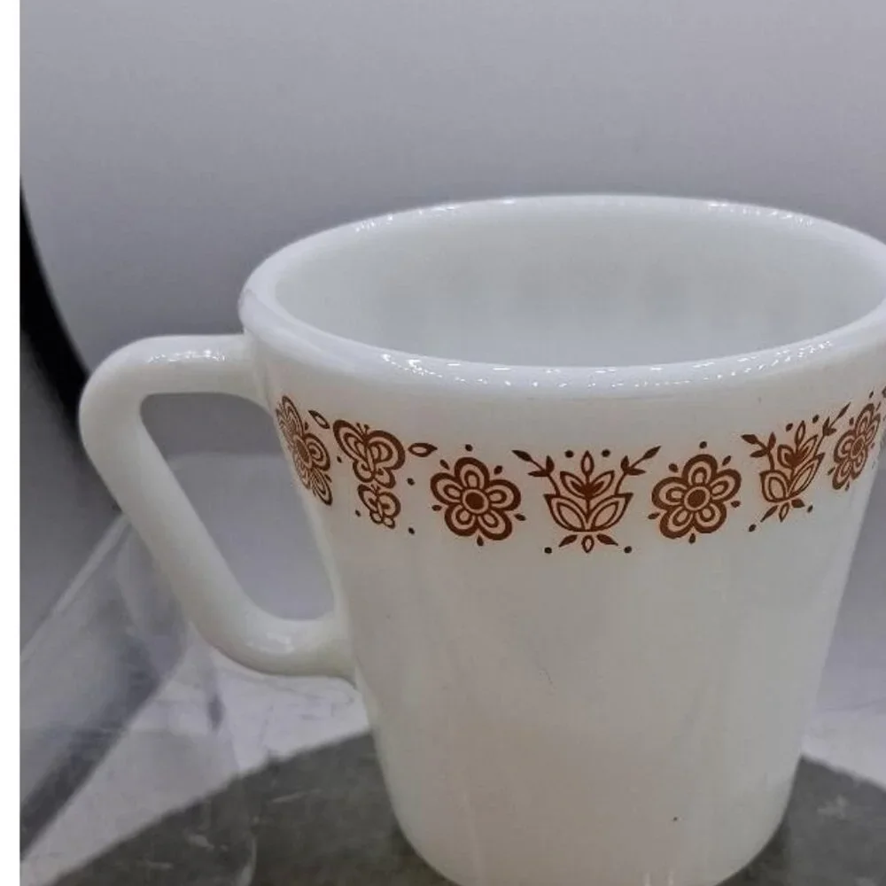 Vintage Pyrex White Milk Glass Mug W/Brown Floral Pattern 300ml Microwave Safe